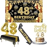 48th Birthday Decorations Men Women with 48th Birthday Banner, Black and Gold Table Cloth, Number Balloons, Large Sash, Cake Topper and Candles