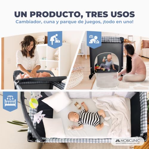 Miniatura 3 de Mobiclinic , Cuna De Viaje 3 En 1, Parque Infantil, Cambiador Bebe, Plegable, Entrada Lateral, Bolsa Transporte, Max. 15 Kg, Ruedas Con Freno, Caelum, Tela Transpirable, Bolsillo Almacenaje