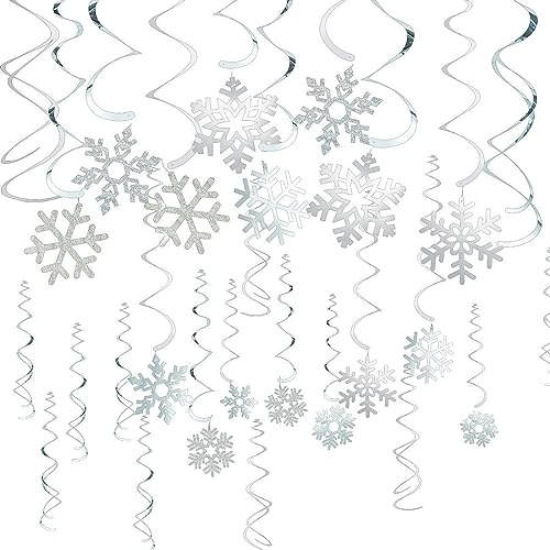 Juvale Silver Snowflake Swirl Decorations - Durable & Reusable Metallic Party Decoration - Indoor & Outdoor Hanging Decor - Adds Winter Charm & Snowflake Party Decor - Silver Pack of 30