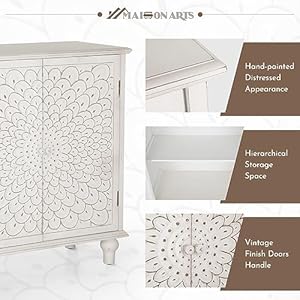   MAISON-ARTS-White-Accent-Cabinet-with-2-Doors-Farmhouse-Distressed-Storage-Cabinet-wSolid-Wood-Legs-for-Living-Room-Entryway-Kitchen-Sideboard-Buffet-Cabinet-Feather-Pattern