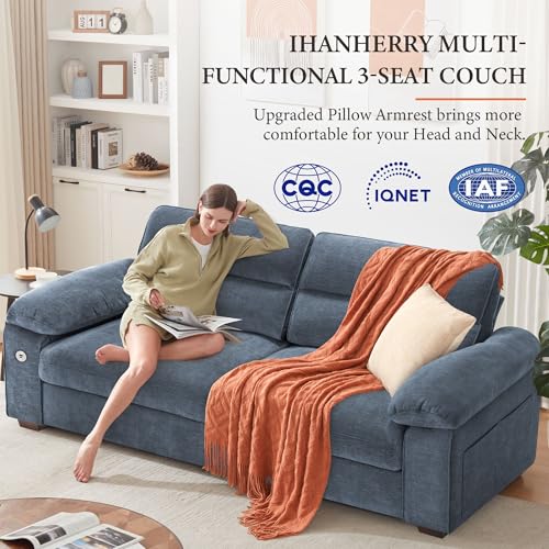 Image of Ihanherry 90.5 inch Modern Sofa 2-Seater Couch for Living Room, Chenille Pillow-Armrest with Extra Large Seat Width, USB /Type-C Charging Port & Side Pocket, Removable Medium Firm Cushion(Blue)
