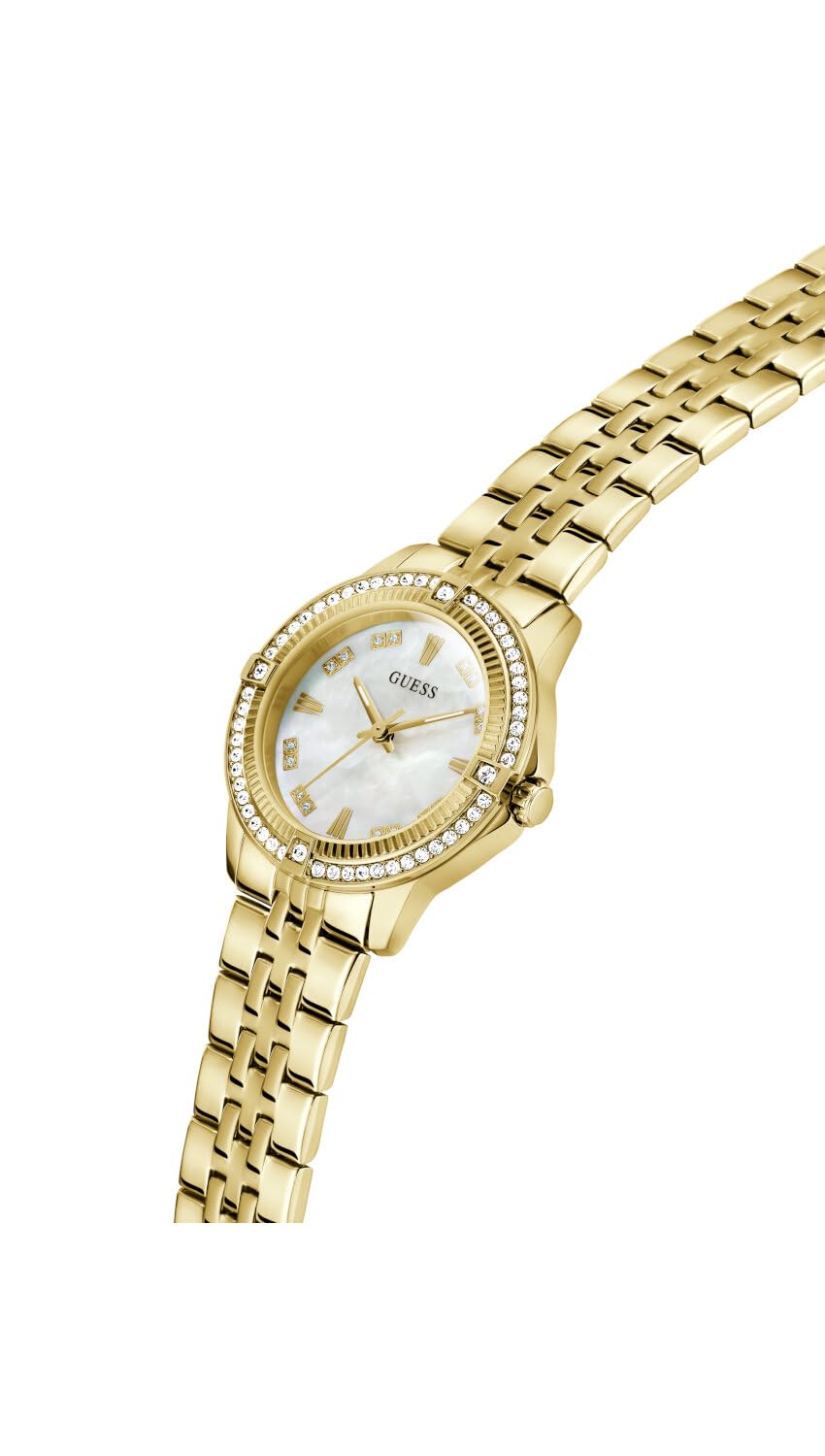 Guess Damen Armbanduhr GW1027L2 Colette Pearl, 32 mm Edelstahl Gold, Perlmutt Zifferblatt, Quarz, Mineralglas, 3 ATM, Zirkonia, Gliederarmband 16 mm