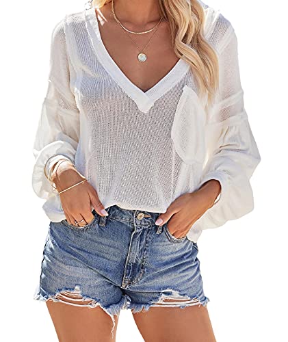 Image of Sexyshine Women's Sexy Off Shoulder Oversized Long Lantern Sleeve V Neck Knit Top Pullover Sweaters with Pocket