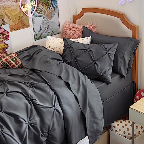 Image of Bedsure Twin Comforter Set Dark Grey - Bed in a Bag Twin Size Bedding 5 Pieces, GentleSoft Pintuck Bed Set Gift for Family, All Season Down Alternative Comforter with Sheets, Pillowcase & Sham