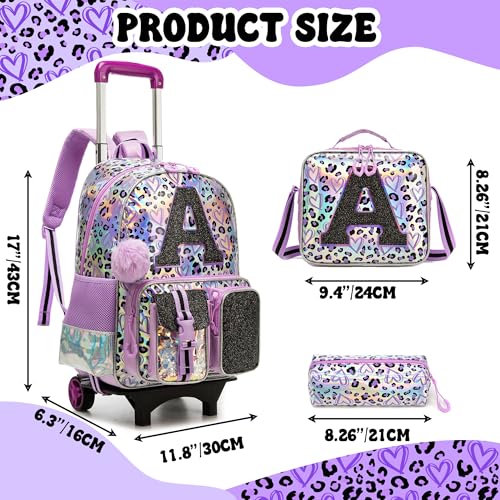 Image of Meetbelify 3 in 1 Backpack with Wheels for Girls Rolling Letter Backpack Cute Carry on Backpack Kids Luggage with Lunch Box Pencil Case for Elementary Student