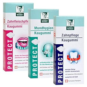 Ralf BADERs Gesundheit PROTECT functionele kauwgom uit de apotheek, drie soorten, mondhygiëne, tandverzorging en tandvleesverzorging, 3 x 20 kauwgomvierkantjes in een blister, 111 g