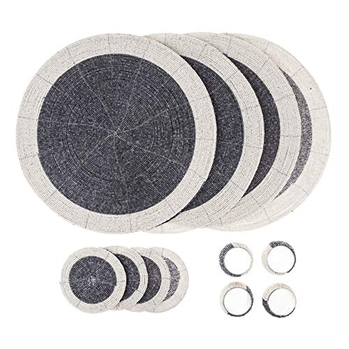 Penguin Home Handcrafted Glass Beaded Round Placemats, Coasters & Napkin Rings Set of 12