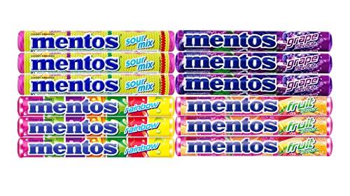 Image of Chewy Mint Dragees Candy Roll - Party Pack 4 Types Colorful Flavor Fruity Total of 12 Rolls Crunchy Non Melting Fruit Rainbow Sourmix and Grapes