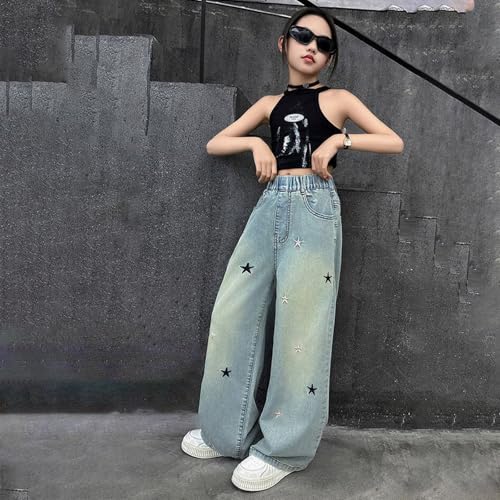 Girls Star Jeans Baggy Wide Leg Denim Pants Kids Cute Elastic Straight Trousers Trendy Y2k Streetwear with Pockets2