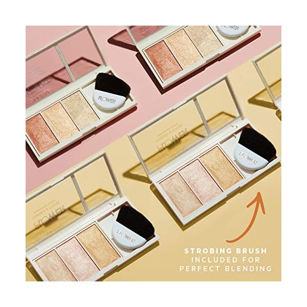 FLOWER Beauty By Drew Barrymore Shimmer + Strobe Highlighting Palette - Glowing Bronzer Powder Kit For Face + Blendable Coverage - Skintones + 3 Enhancing Colors (Strobe Brush) Included - Champagne Shimmer