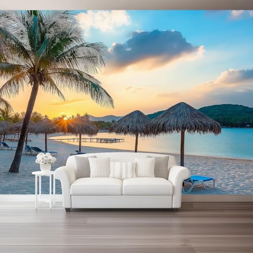Papel tapiz fotográfico 350 x 256 cm Revestimiento de paredes decoración de salón Diseño Playa Moderna Puesta De Sol para dormitorio, sala de estar, papel tapiz no tejido, decoración de pared, Azul