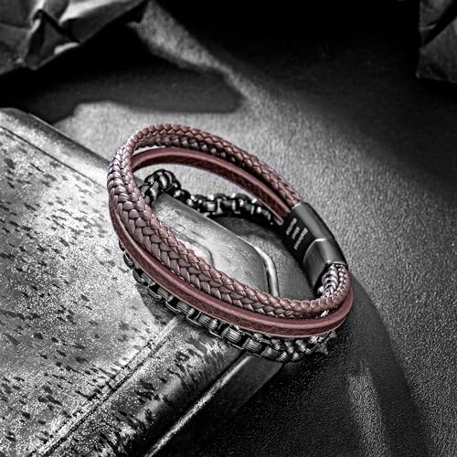Image of murtoo Mens Bracelet leather and Steel, Stainless Steel Chain and Leather Bracelets for Men