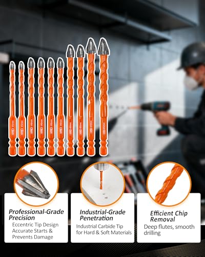 Masonry Drill Bit Set BGTEC - 5PCS 3/16" - 1/2" Carbide Eccentric Drill Bit for Masonry/Brick/Concrete/Tile/Glass/Wood/Plastic/Marble — view 5