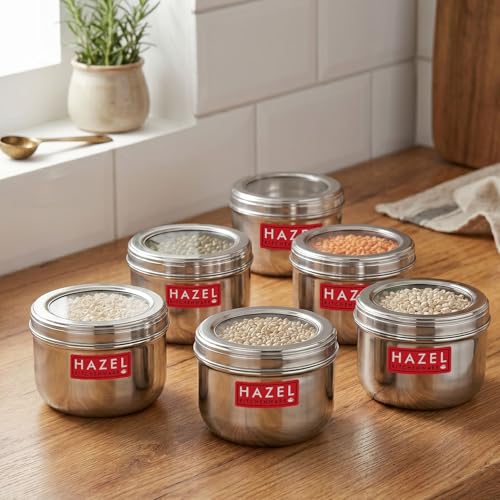 Image of HAZEL See Through Kitchen Storage Container Set 1100ml (Set of 6) | Stainless Steel Dabbas with Transparent Top for Pantry Use