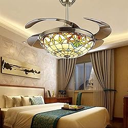 Lampara Ventilador Tiffany SHENGXUAN 42´´ Tiffany Ventilador De Techo con Luz, Ventilador Invisible Creativo Luz De Techo LED Control Remoto Regulable Ultra Silenciosa Manual Pintado Vidrio Multicolor Decoración Lámpara de Techo