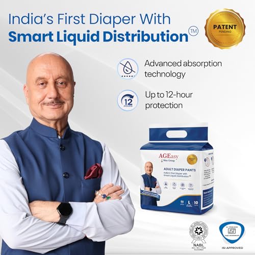 Image of AGEasy (Max Group) Adult Diapers | India's First Smart Liquid Distribution Pants | Gel-Lock Absorption | Up to 12-Hour Dryness | Anti-Sag | Invisible Fit | Odor Control | Unisex Fit (L - Pack of 2)