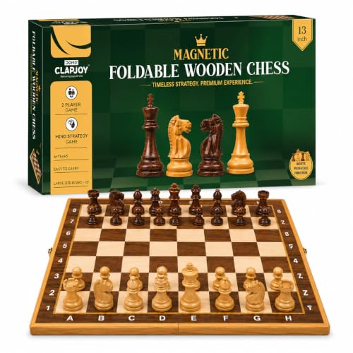 Image of Clapjoy Magnetic Chess Board Game Set| 13 * 13 Inch Folding & Travel Friendly Portable Strategy Game for Kids & Adults | 2 Player Board Game for Travel, Learning & Fun