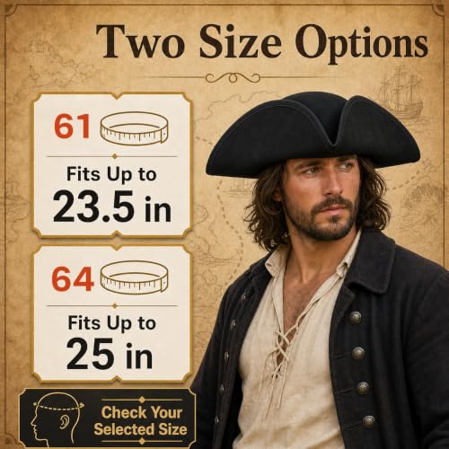 Image of HOMELEX Pirate Tricorn Hat for Adults Halloween Costume | Adult pirate tricorn hat in black, brown, or gold for Halloween, colonial costumes, parties, stage, and photos.