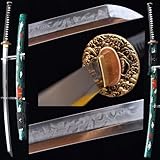 HERO SWORD-Full Handmade Authentic Samurai Sword Top Japanese Hitatsura Hamon Clay Tempered T10 Steel Katana Real Horn Green Saya Brass Tsuba Set Collectibles