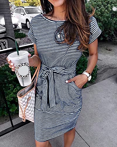 Image of PRETTYGARDEN Women's Summer Short Sleeve Crewneck Striped Dress Basic Solid Tie Waist Office T Shirt Dresses Pockets