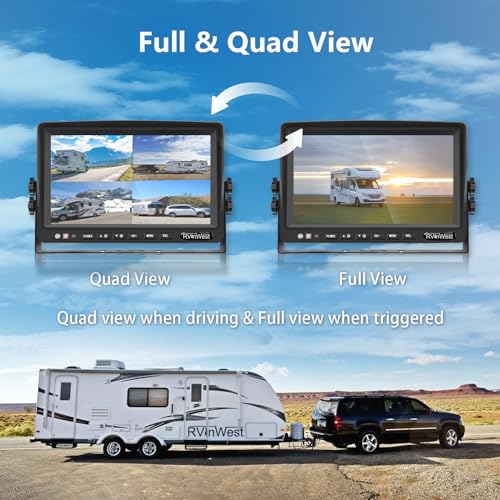 Image of RV Backup Camera System with 7'' Monitor Wired for RV Semi Box Truck Trailer Bus, 4 Split Screen Quad View HD DVR Record Monitor + IP69 Waterproof Night Vision Rear Side View Camera Avoid Blind Spot