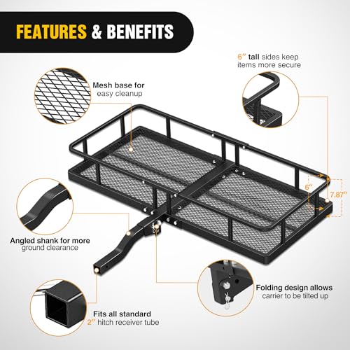 Image of Nilight 60 inch x 24 inchx 7.87 inch Carrier & 5 /8 inch Pin Clip Fits 2-Inch Receiver 500 Lbs Heavy Duty Capacity Luggage Basket Fold Up for SUV Pickup Camping Traveling