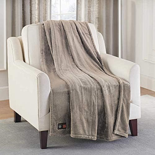 Brookstone Luxurious Electric Heated Throw 4-Heat Settings Easy One Touch Built-in Remote (Beige)