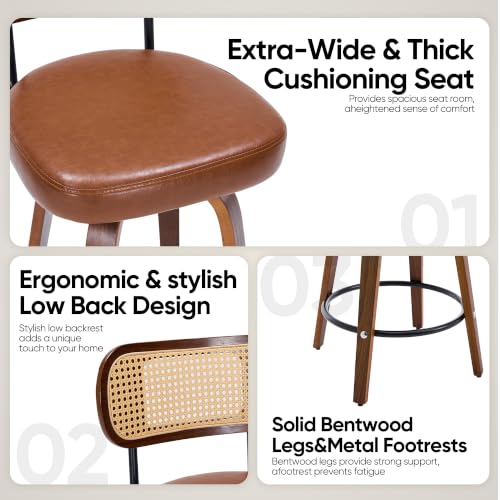 Image of Rattan Bar Stools Set of 2,Upholstered PU Leather, 30''Counter Height Barstools with Back and Wood Legs,360Swivel,Mid-Century Modern Bar Stool for kitchen Island Dining Room and Bar(Vintage Brown)