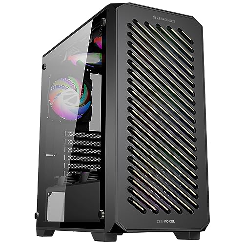 Image of ZEBRONICS VOXEL Mid-Tower Premium Gaming Cabinet, ATX, ARGB Rear Fan, LED Control Switch, Tempered Glass Panel, USB 3.0, 360mm Front or 240mm Top AIO Cooler Support with Top & Bottom Dust Filter