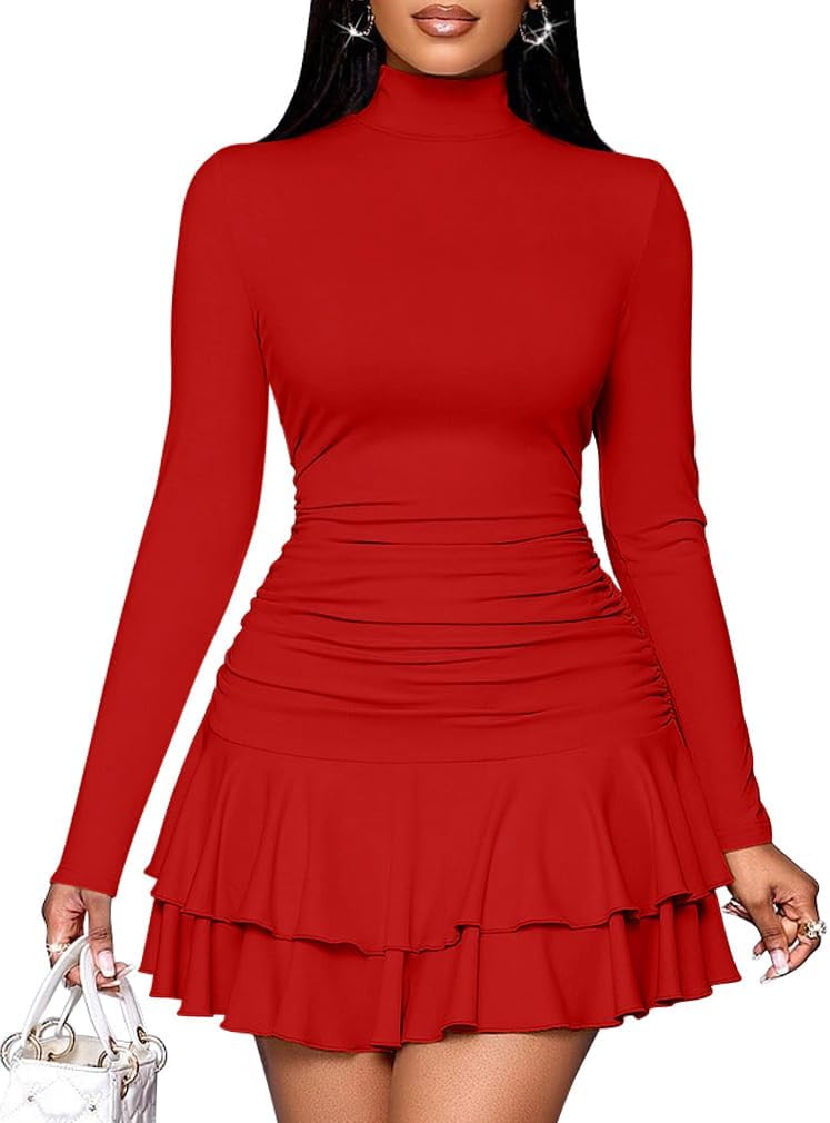 LAGSHIAN Women's High Neck Ruffle Hem Mini Dress Long Sleeve Ruched Short Club Party Dresses