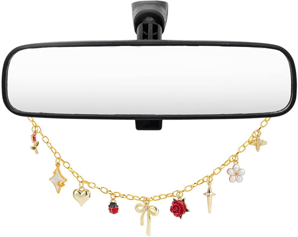 Rearview Mirror Charm for Car Aluminum Chain with Cute Alloy Enamel Flower Bow Heart Pendants Car Interior Pendant Decor Accessories for Women Rear View Mirror Home Window