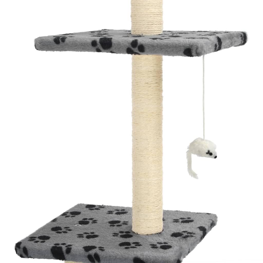 Katzen-Kratzbaum mit Sisal-Kratzsäulen 260 cm hoch, Kletterbaum Gross mit Haus, Zwei Tunneln, Spielzeug und Aussichtsplattformen, Katzenbaum Grau Pfotenabdruck