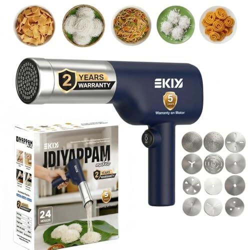 Image of EKIY Electric 12 Mould Stainless Steel Idiyappam,Noolappam,Cakes,Muruke,Pakkavada,Noodles,Pasta Maker Machine |50 Times for Full Charge| 1500Mah Type-C Cordless | Automatic Portable (12 Mould Blue)