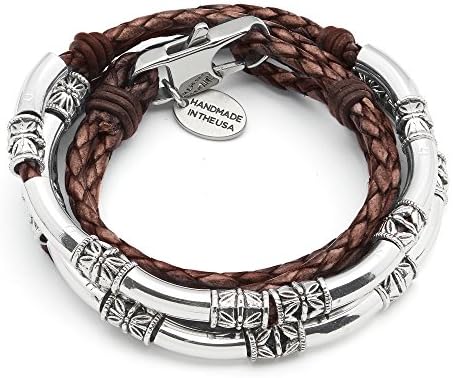Lizzy James Mini Maxi Silver Plated Braided Leather Women's Wrap Bracelet (Natural Mocha, Small)