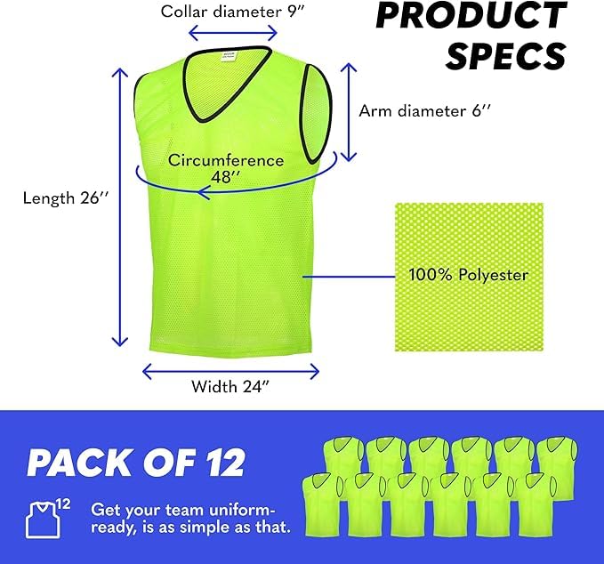 Image of GSi Sports Pinnies - Packs of 6 or 12 - Free Size - Mesh Training Vests for Soccer, Basketball - 6 Color Options