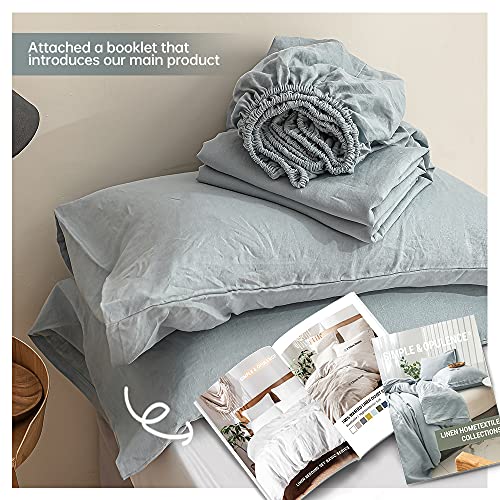 Simple&Opulence 100% Linen Sheet Set Solid Color-4 Pcs Washed French Linen Bed Sheets(1 Flat Sheet,1 Fitted Sheet,2 Pillowcases)-Breathable Bedding Set (Dusty Blue, Queen) #TOP5