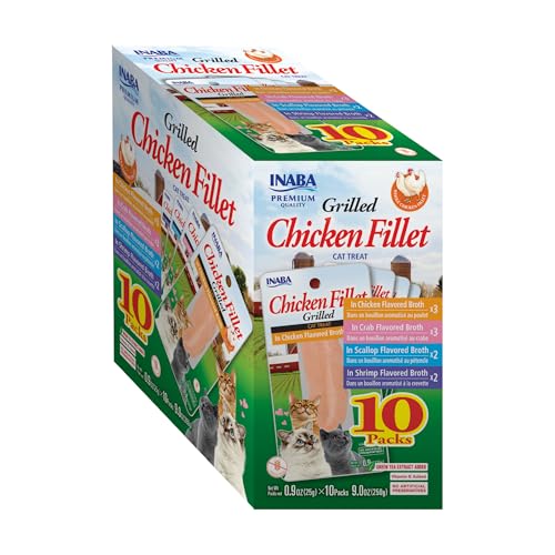 INABA Premium Grilled Chicken Fillet Cat Treats with Vitamin E and Green Tea Extract, 0.9 Ounces Each, Pack of 10, Variety Box