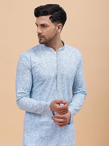 See Designs Sky Blue & White Cotton Regular Fit Embroidered Kurta Set Mandarin Collar Long Sleeves_Sdekt126801M