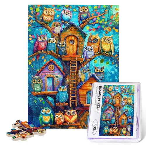 Owl Tree House Puzzles for Adults 500 Piece, Colorful Owl Plant Art Painting Jigsaw Puzzles, Tree Na