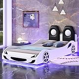 Twin Size Car Bed for Kids, Race Car-Shaped Platform Bed with LED Lights and Upholstered Headboard, Solid Wood Car Bed Frame with Wheels and Guardrails, White