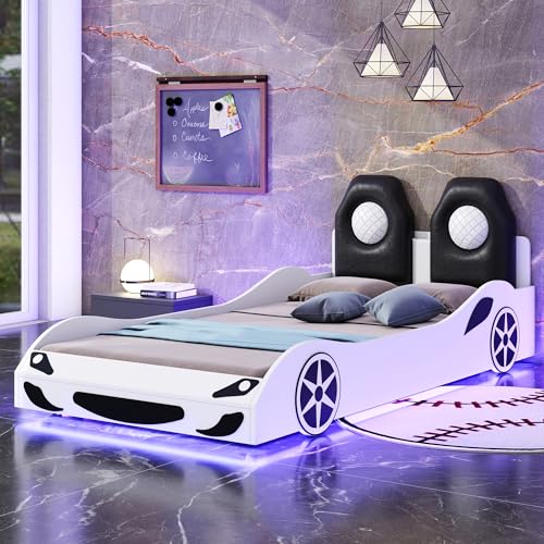 Twin Size Wood Car-Shaped Platform Bed Frame with Upholstered Backrest and LED Light, Modern Toddler Twin Bed Frame with Safety Guardrails for Kids Girls Boys, No Box Spring Needed, White