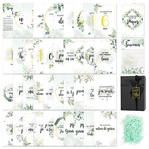 Lot de 40 Carte étape bébé Français Cadeau Naissance cadeau Bebe Cartes Premières fois de bébé et coffret souvenir"ma première année" pour Future Maman Bébé Garçon Fille Cover