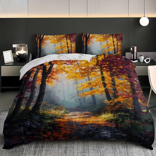 Funda Edredon Pintura Al óLeo de Bosque OtoñAl 3 Piezas - para Otoño/Invierno, Cálido & Suave, 1 Funda Nórdica 135x200cm Amarillo Copripiumino Everyday per Tutte le Stagioni