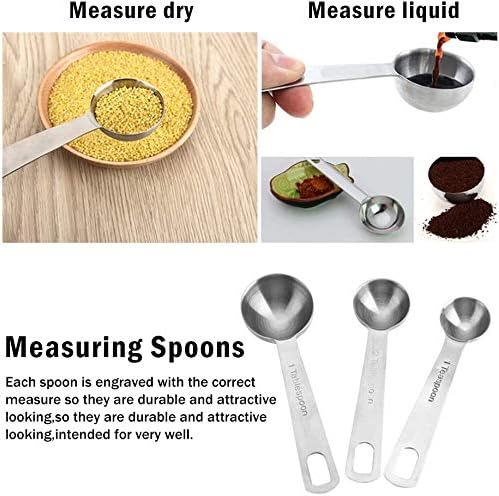 Molecee Measuring Spoons Set Stainless Steel - 7 Pieces Kitchen Aid Metal Spoons includes Teaspoon and Tablespoon Engraved with Leveler and Ring Holder, Measuring Tiny Dry and Liquid Ingredients