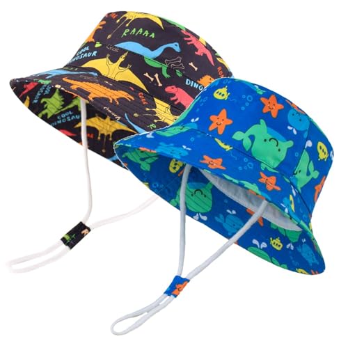 2 Pics Sun Protection Hat for Kids Toddler Boys Girls Wide Brim Summer Outdoor hat Baby Bucket Hat with Chin Strap(Blue Whale+Black Bottom Dinosaur,50cm(1-2Y))