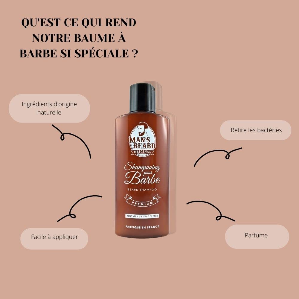 Man's Beard | Shampoing barbe, Produit nettoyant visage homme | Soin de la barbe | Usage quotidien | Ingrédients d'origine naturelle - Huile de Ricin | 150 ml | 100% Fabrication française