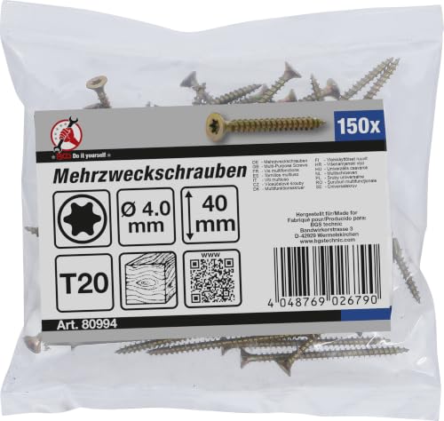 Miniatura 3 de Bgs Diy 80994 Tornillos Multiuso Con Perfil En T Para Torx T20 4,0 X 40 Mm 150 Piezas