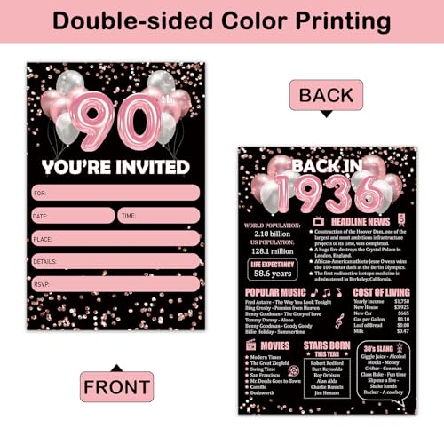 Invitaciones de 90 cumpleaños REWIDPARTY con sobres y acabados oro rosa 2
