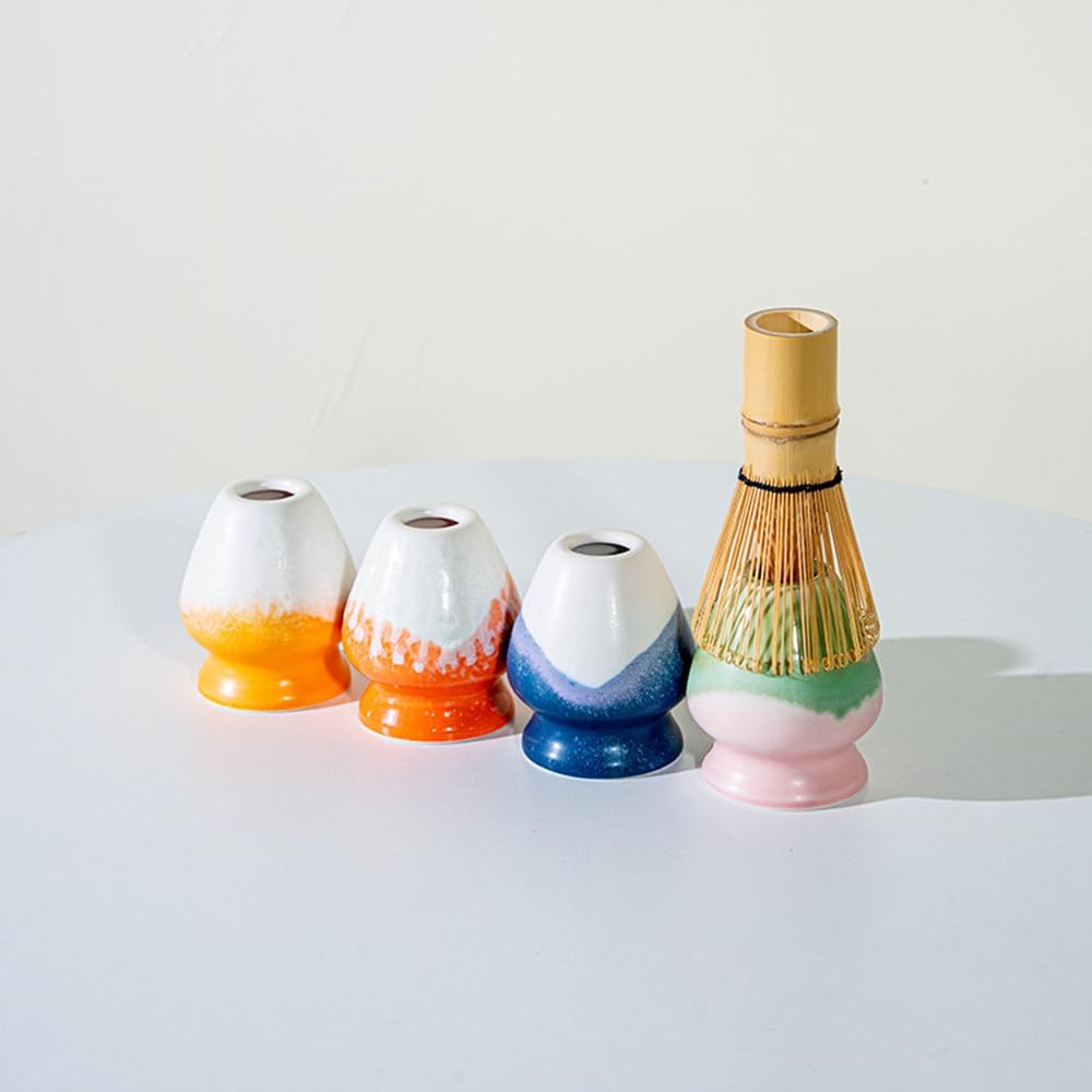 Juego de 8 batidores de matcha con caja de regalo, juego tradicional de ceremonia de té japonés, juego de cuencos de cerámica esmaltada para cambiar el horno, juego de cuencos de matcha a rayas