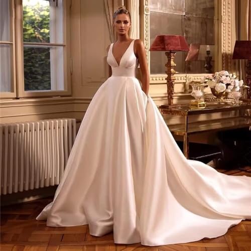 Women's Long Simple Satin Wedding Dress for Bride A Line Floor Length Wedding Gowns for Women3